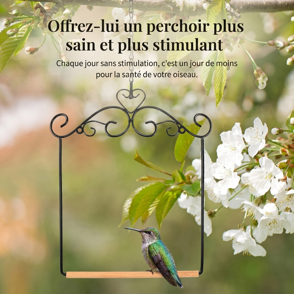 Perchoir et Balançoire en Bois Naturel et Fer pour Oiseaux de Compagnie