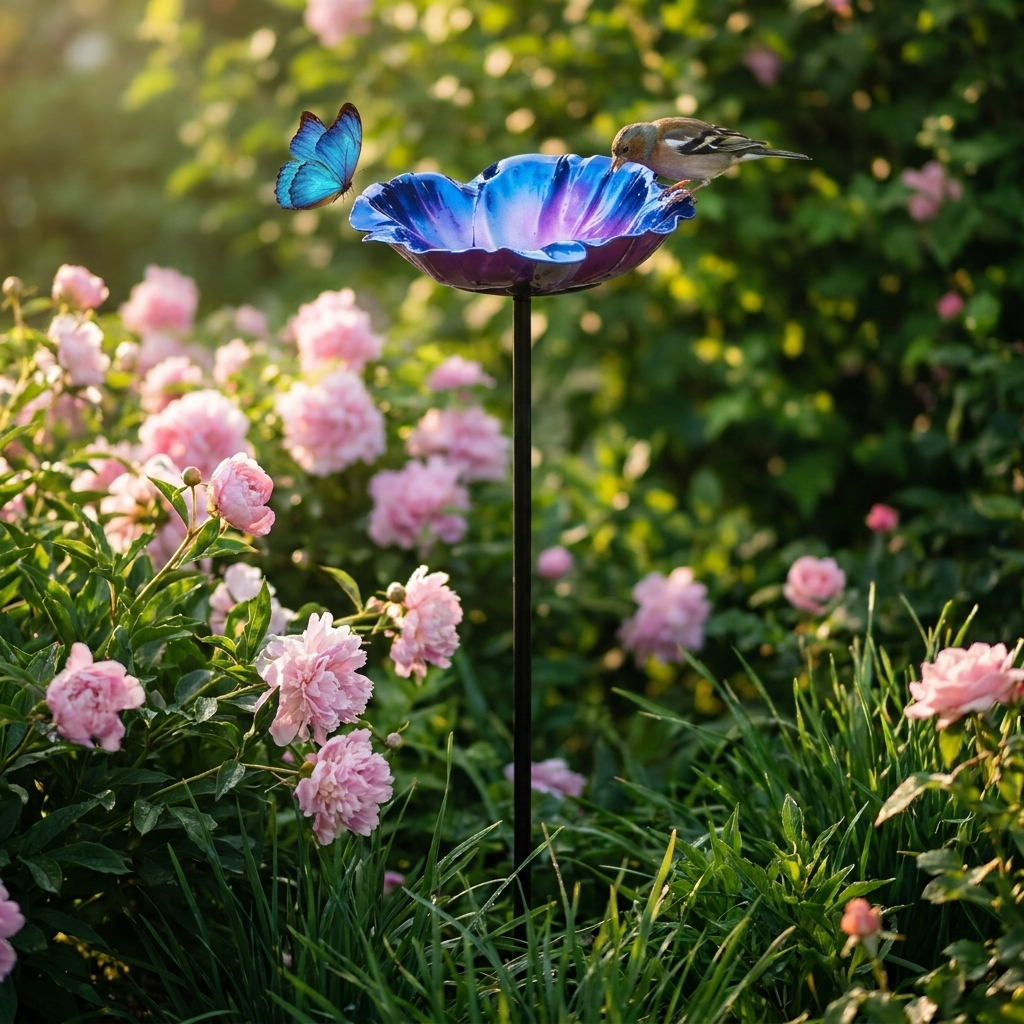 Bain d'Oiseau Décoratif en Métal sur Piquet - Design Fleur