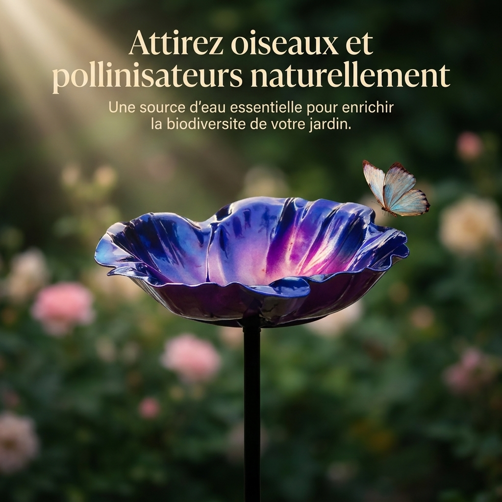 Bain d'Oiseau Décoratif en Métal sur Piquet - Design Fleur
