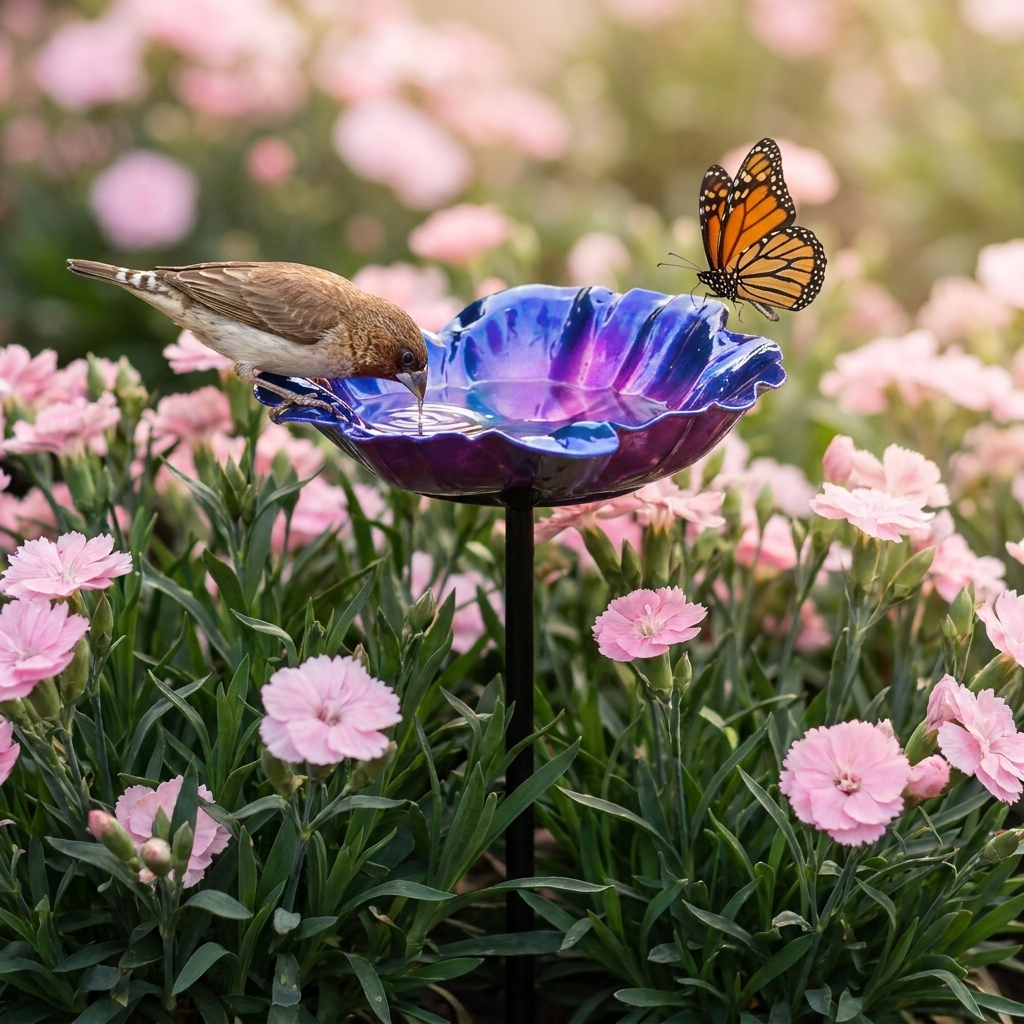 Bain d'Oiseau Décoratif en Métal sur Piquet - Design Fleur