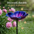 Bain d'Oiseau Décoratif en Métal sur Piquet - Design Fleur