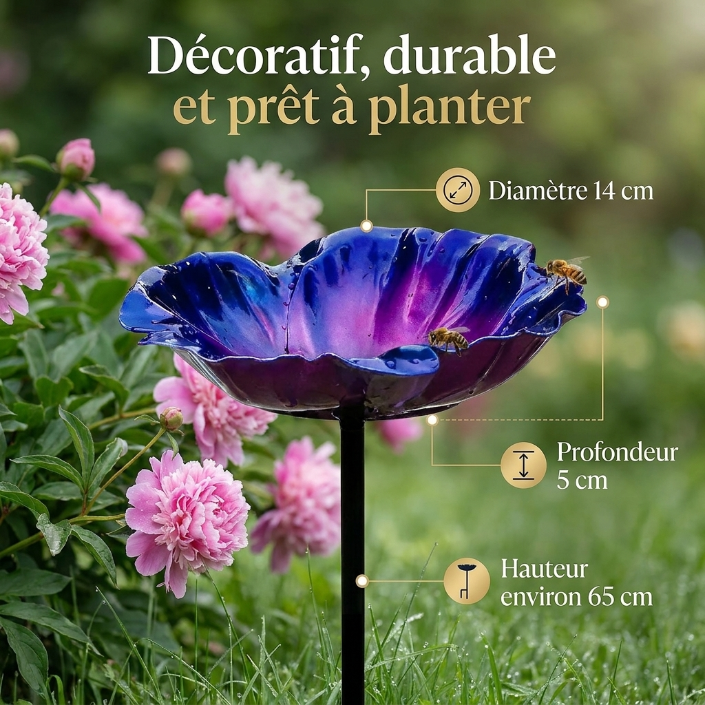 Bain d'Oiseau Décoratif en Métal sur Piquet - Design Fleur