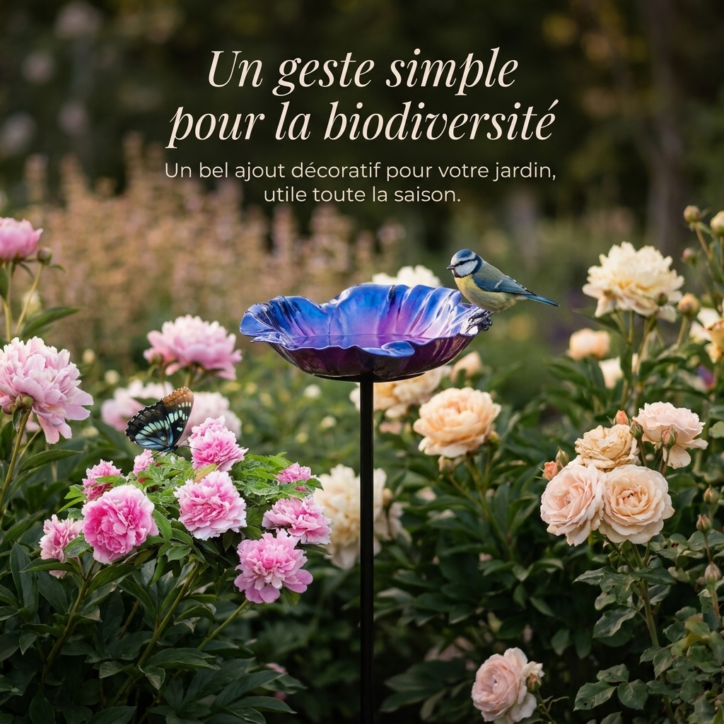 Bain d'Oiseau Décoratif en Métal sur Piquet - Design Fleur