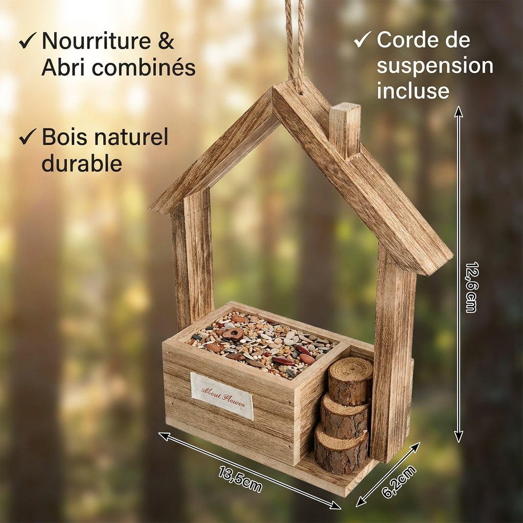 Mangeoire Nichoir 2-en-1 en Bois Suspendu pour Oiseaux