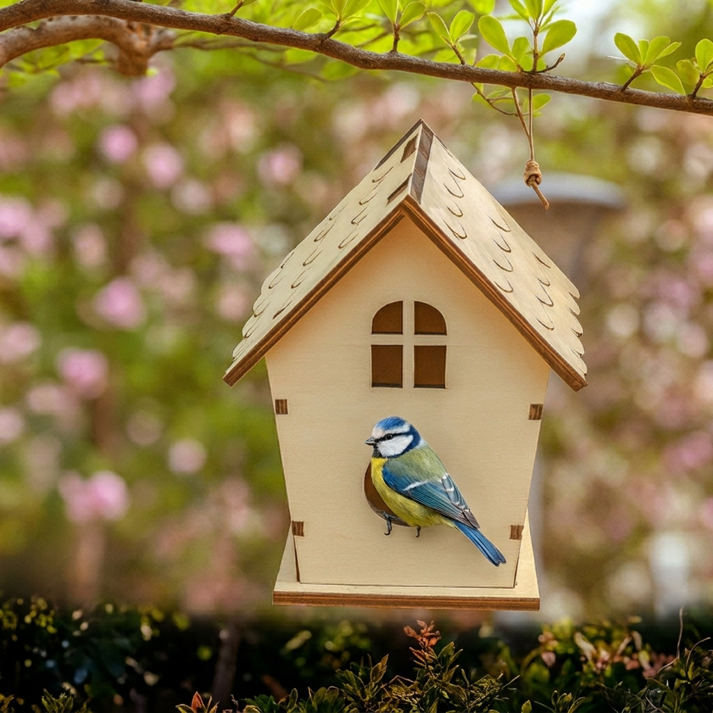 Nichoir en Bois Naturel en Forme de Maisonnette pour Oiseaux