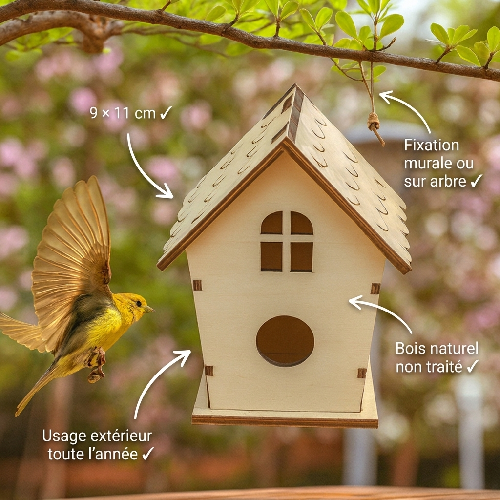 Nichoir en Bois Naturel en Forme de Maisonnette pour Oiseaux