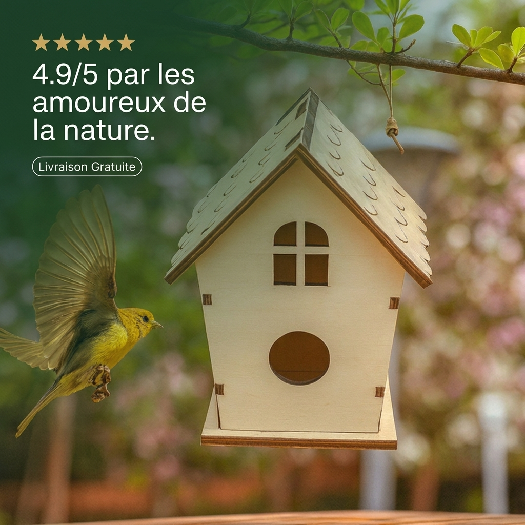Nichoir en Bois Naturel en Forme de Maisonnette pour Oiseaux
