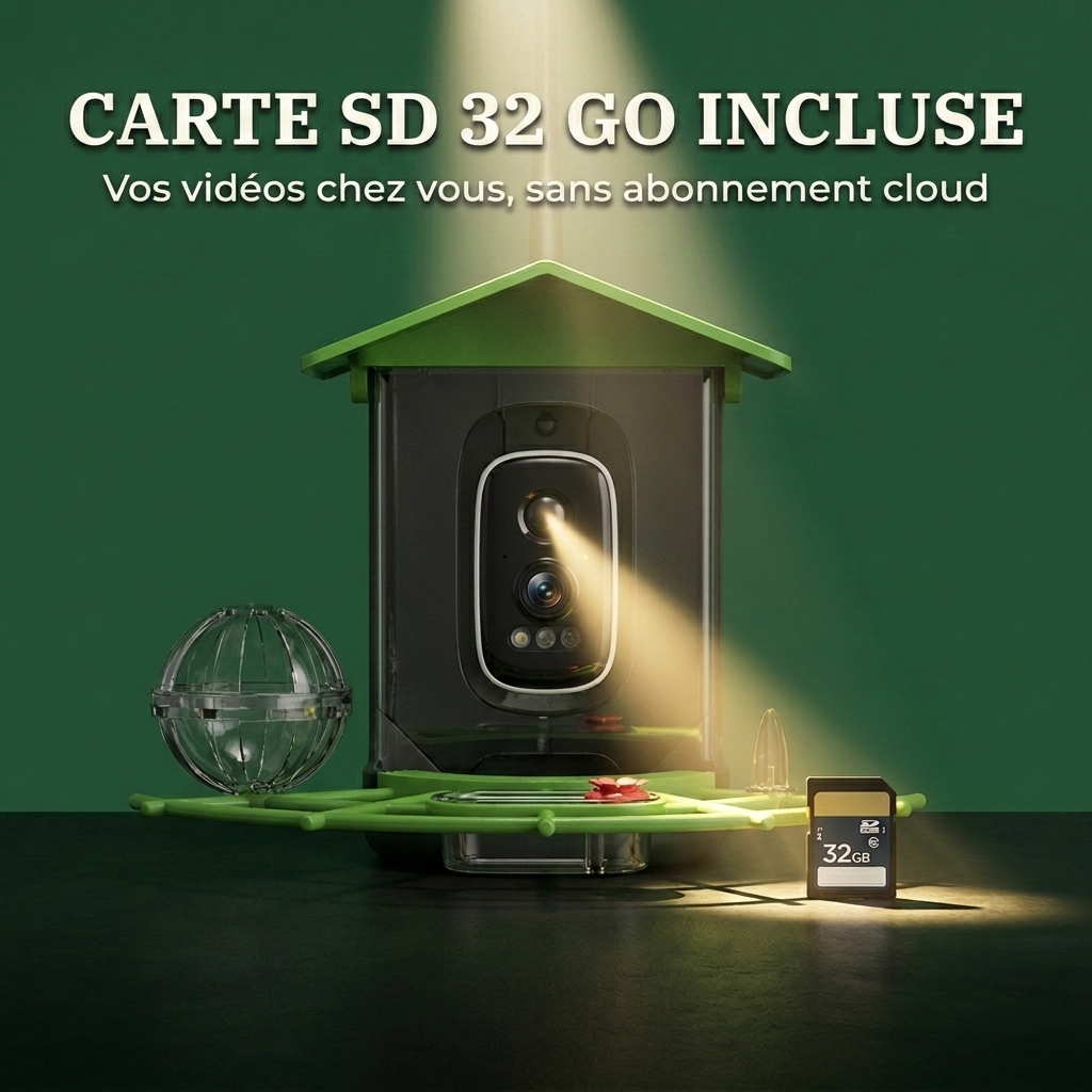Mangeoire Connectée à Caméra 2K 4MP avec Carte SD 32 Go Incluse et Panneau Solaire