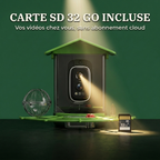 Mangeoire Connectée à Caméra 2K 4MP avec Carte SD 32 Go Incluse et Panneau Solaire
