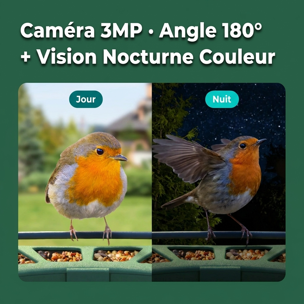 Mangeoire Oiseaux Caméra 180° Solaire 6W