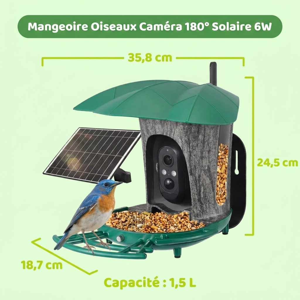 Mangeoire Oiseaux Caméra 180° Solaire 6W